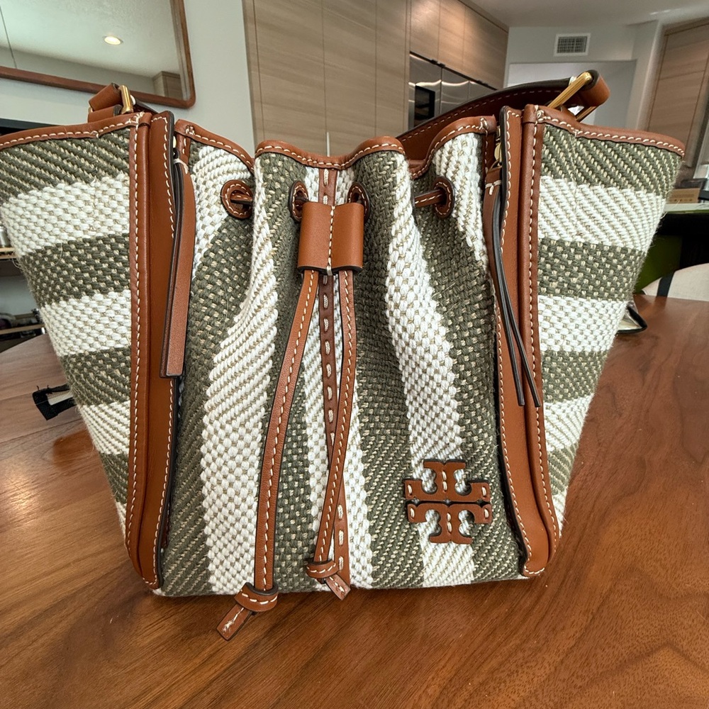 Used Once Tory Burch Green and White Stripe Tote Bag